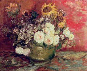 Girasoles, rosas y otras flores en un cuenco, 1886